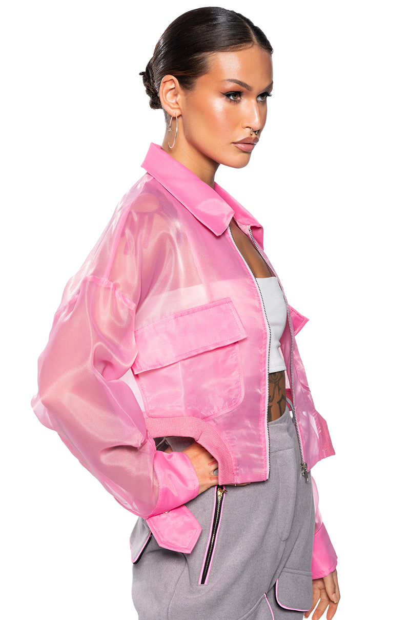 Side View Hyde Mesh Bomber Jacket In Pink