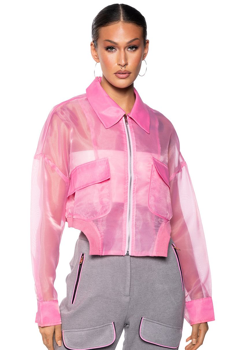 Back View Hyde Mesh Bomber Jacket In Pink