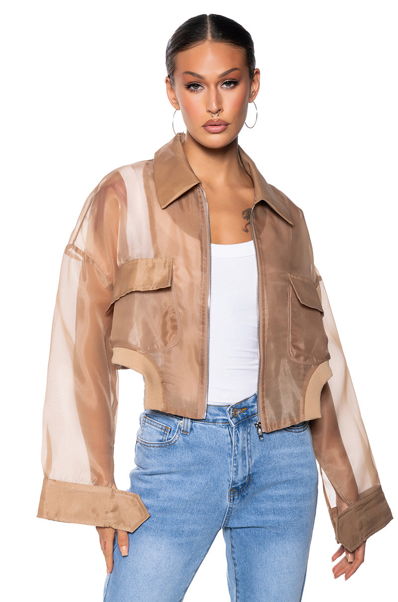 Front View Hyde Mesh Bomber Jacket In Tan