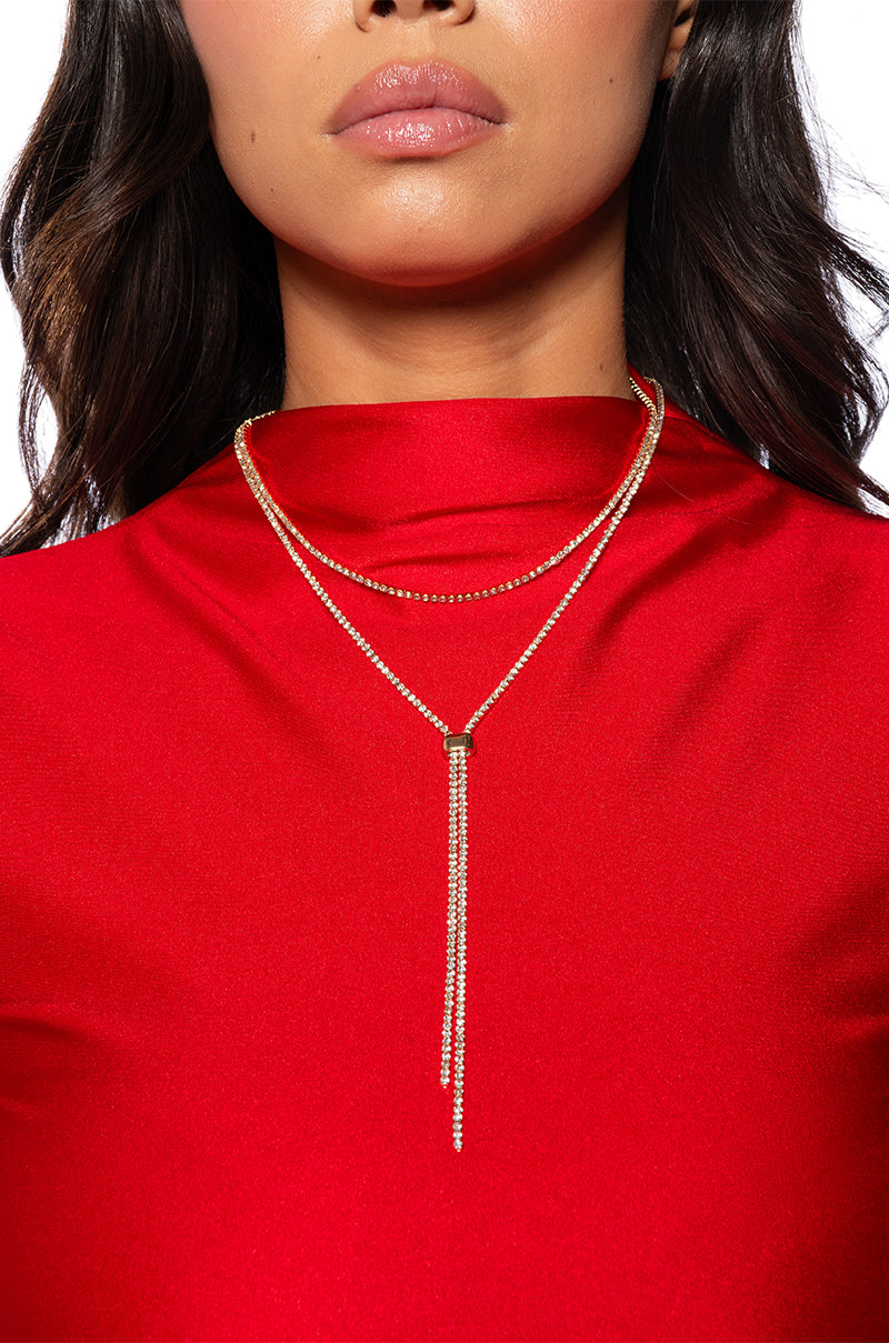 Front View I Am Everything Rhinestone Slider Necklace Set In Gold