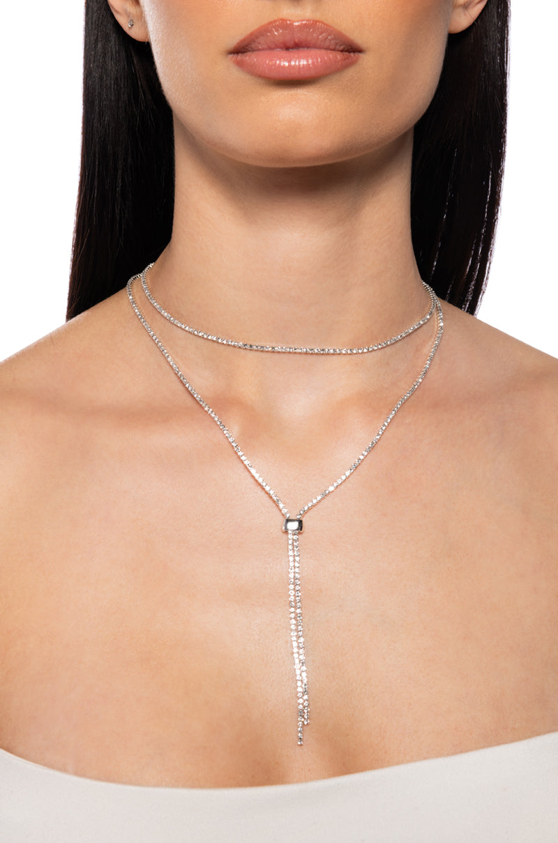 Front View I Am Everything Rhinestone Slider Necklace Set In Silver