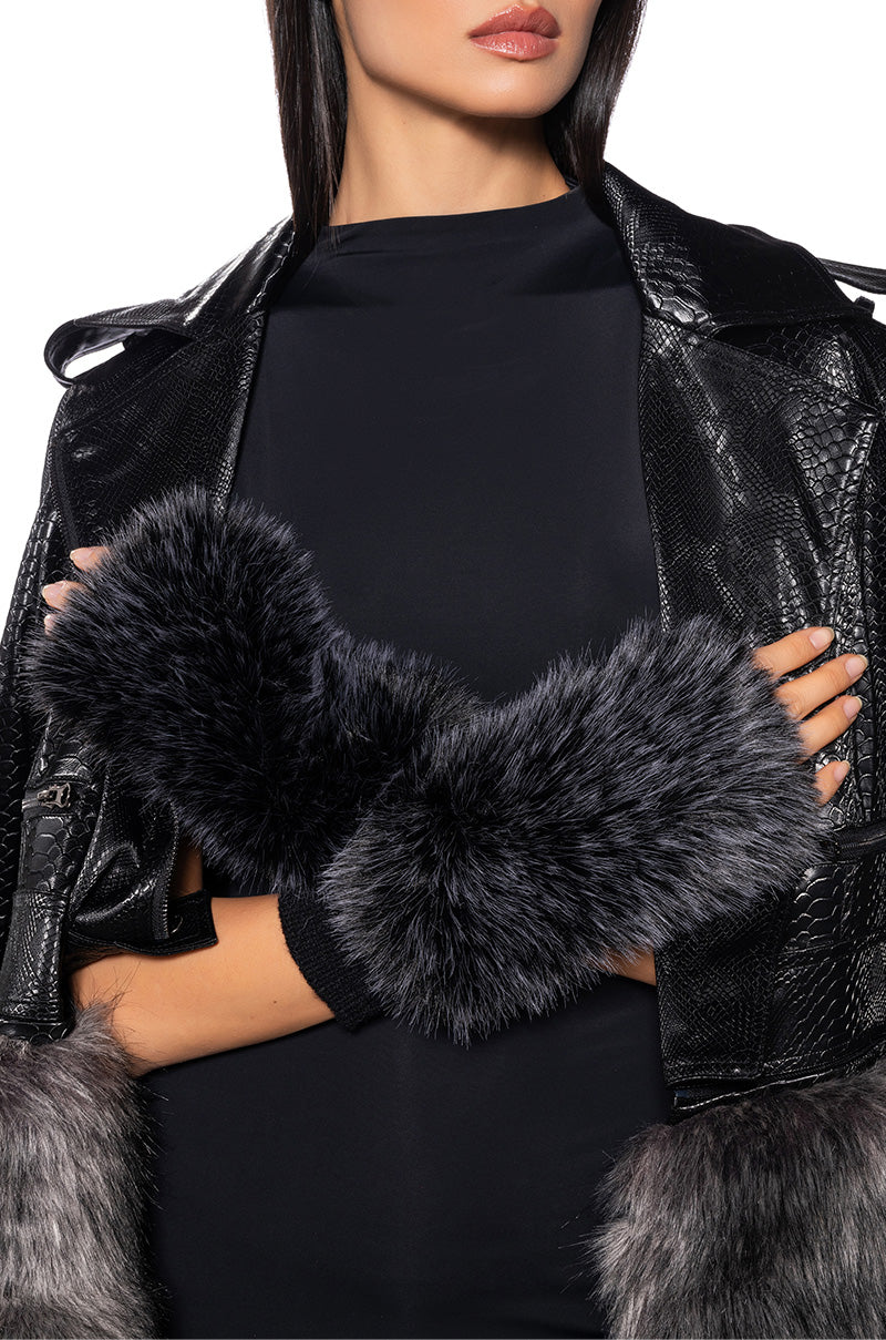 Front View I Am Luxe Fingerless Faux Fur Mittens