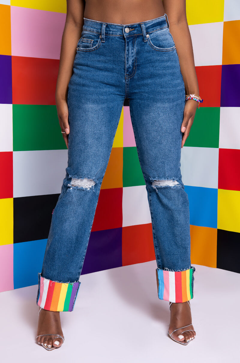 Front View I Am Me Tiger Slightly Distressed Denim Pants