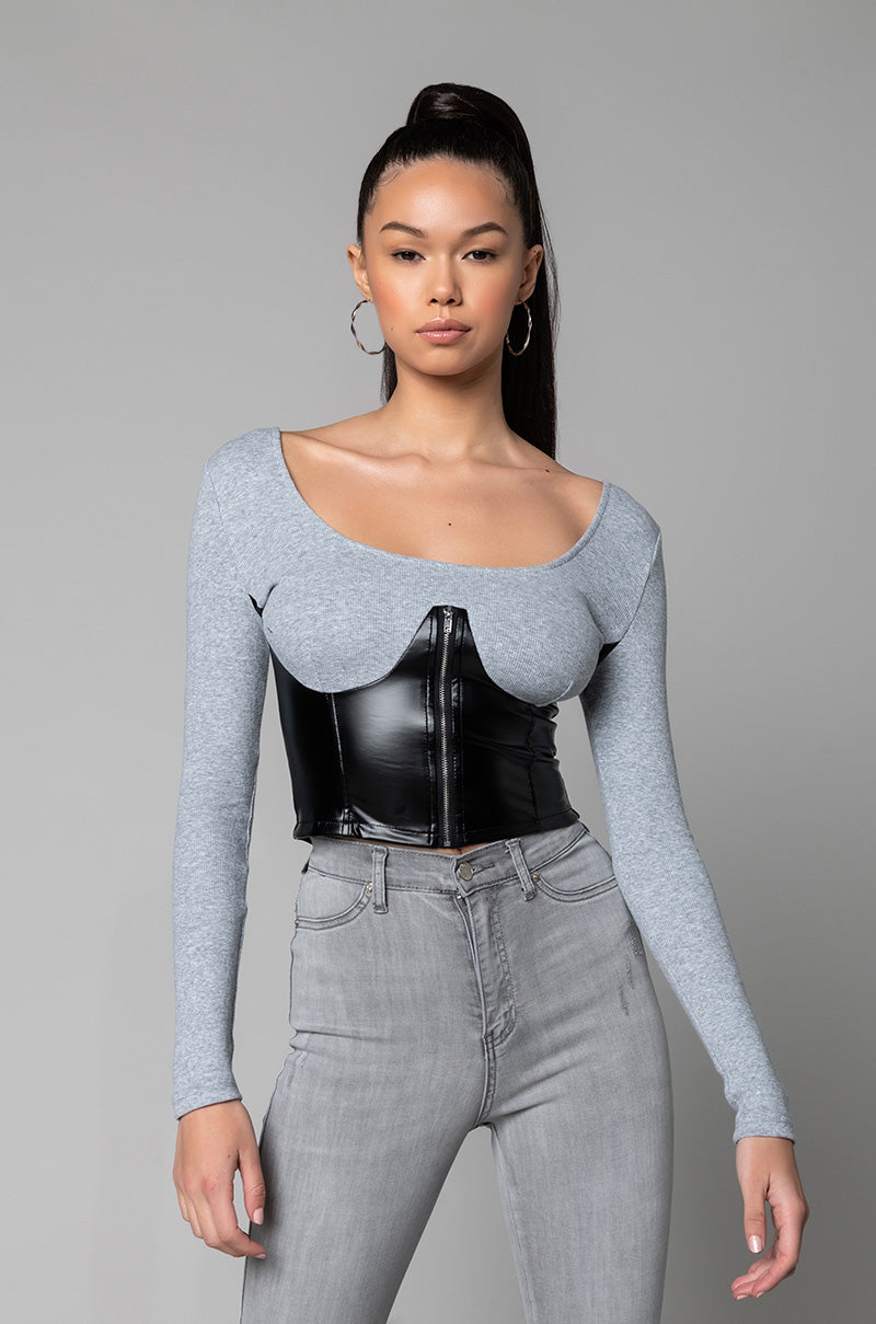 I DID IT AGAIN RIBBED CROPPED LONG SLEEVE TOP BLACK GREY view 0