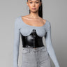 Front View I Did It Again Ribbed Cropped Long Sleeve Top in Black Grey