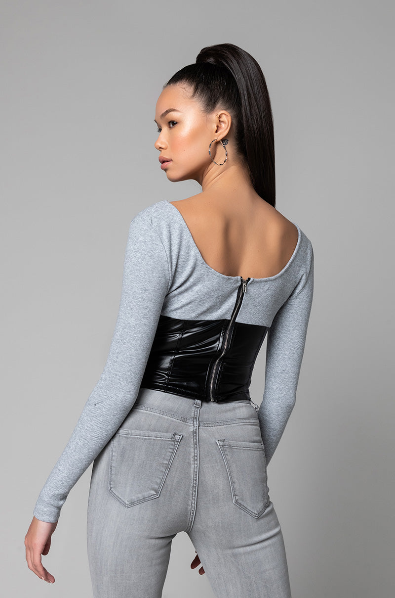 Back View I Did It Again Ribbed Cropped Long Sleeve Top in Black Grey