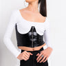 Front View I Did It Again Ribbed Cropped Long Sleeve Top in White Black