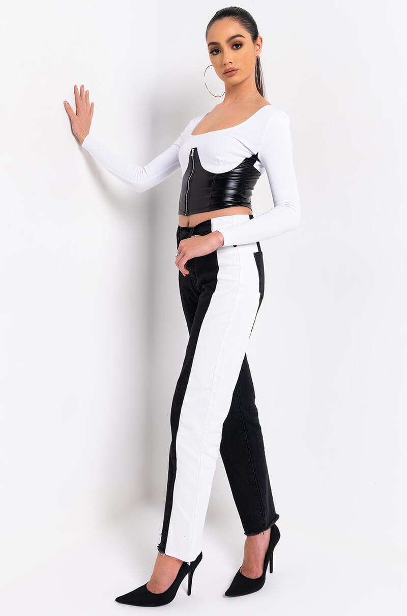 Full View I Did It Again Ribbed Cropped Long Sleeve Top in White Black 4