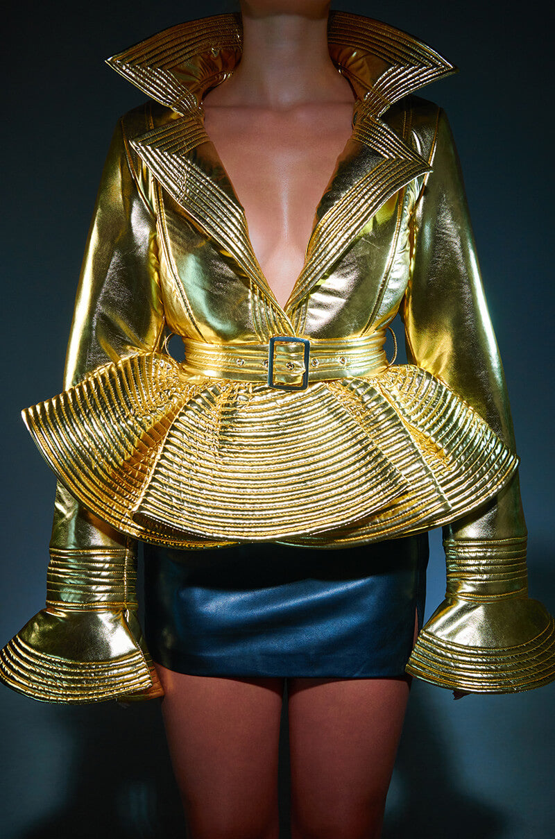Extra View I Get It How I Live It Metallic Moto Puffer In Gold
