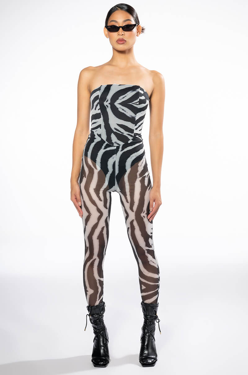 Detail View I Love It Zebra Fitted Mesh Jumpsuit