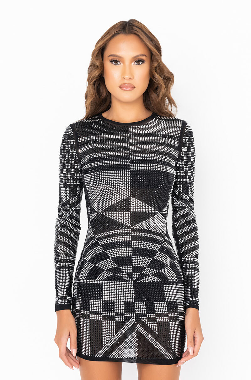 Side View I Make It Look Easy Long Sleeve Rhinestone Mesh Dress