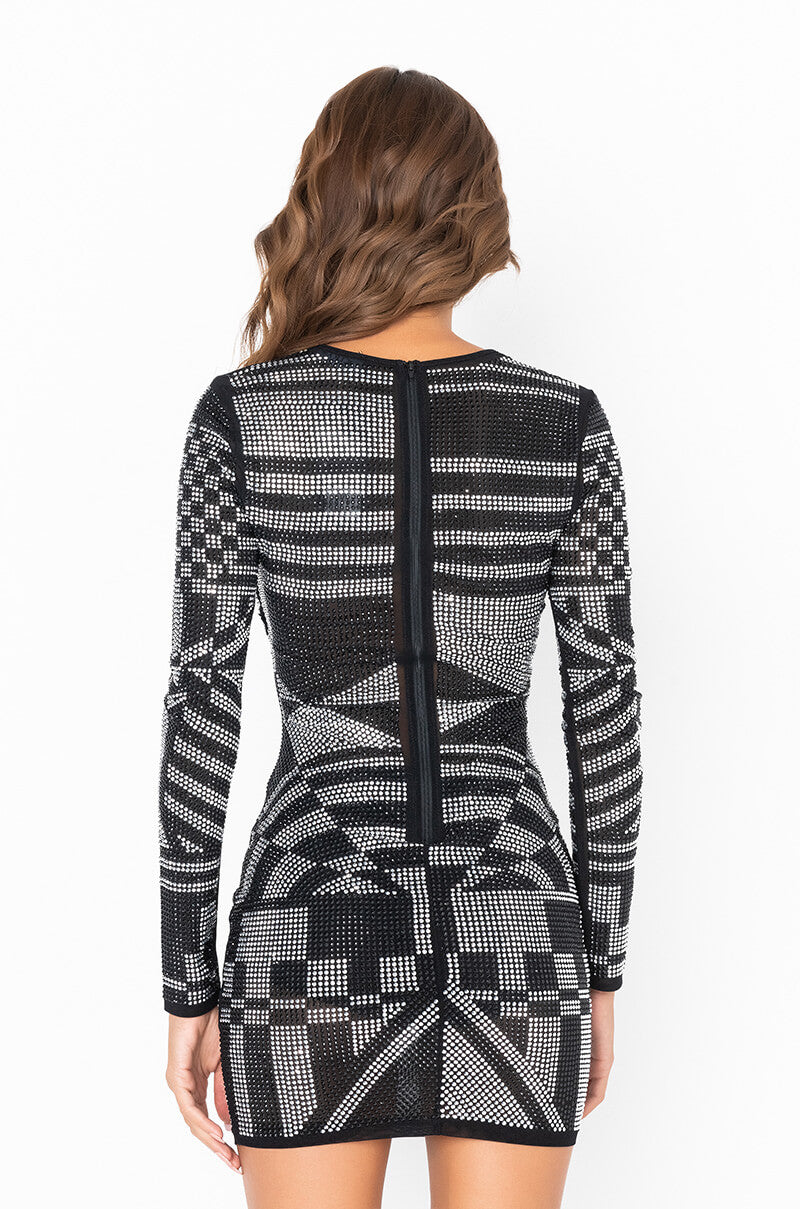 Detail View I Make It Look Easy Long Sleeve Rhinestone Mesh Dress