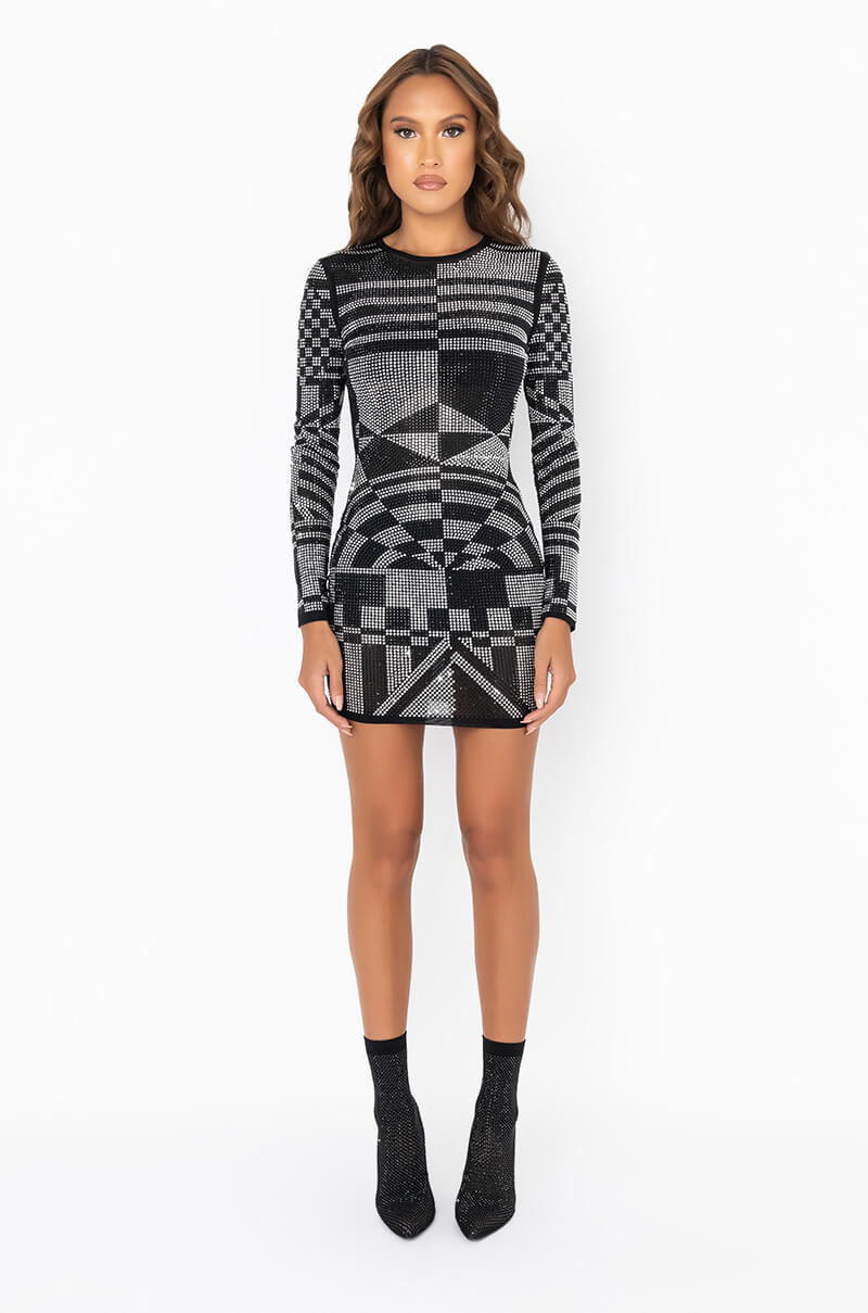 Extra View I Make It Look Easy Long Sleeve Rhinestone Mesh Dress