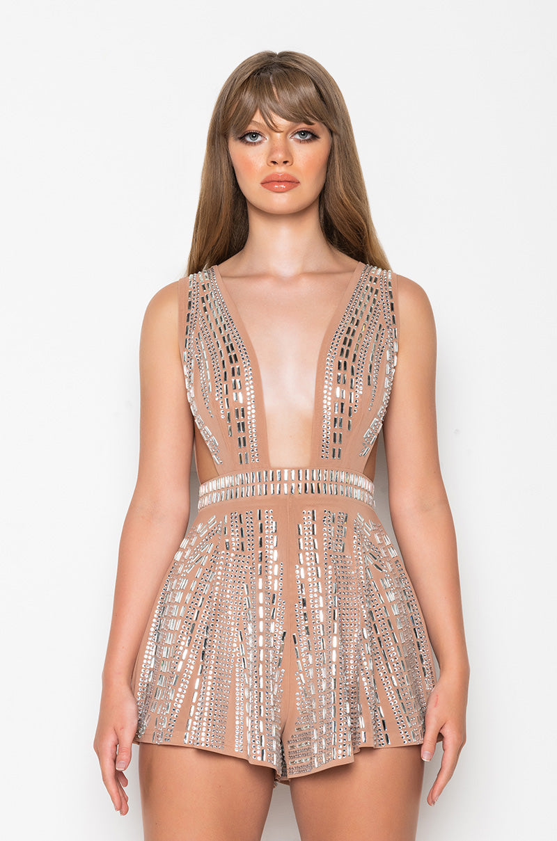 Back View I Run It Rhinestone Mesh Romper