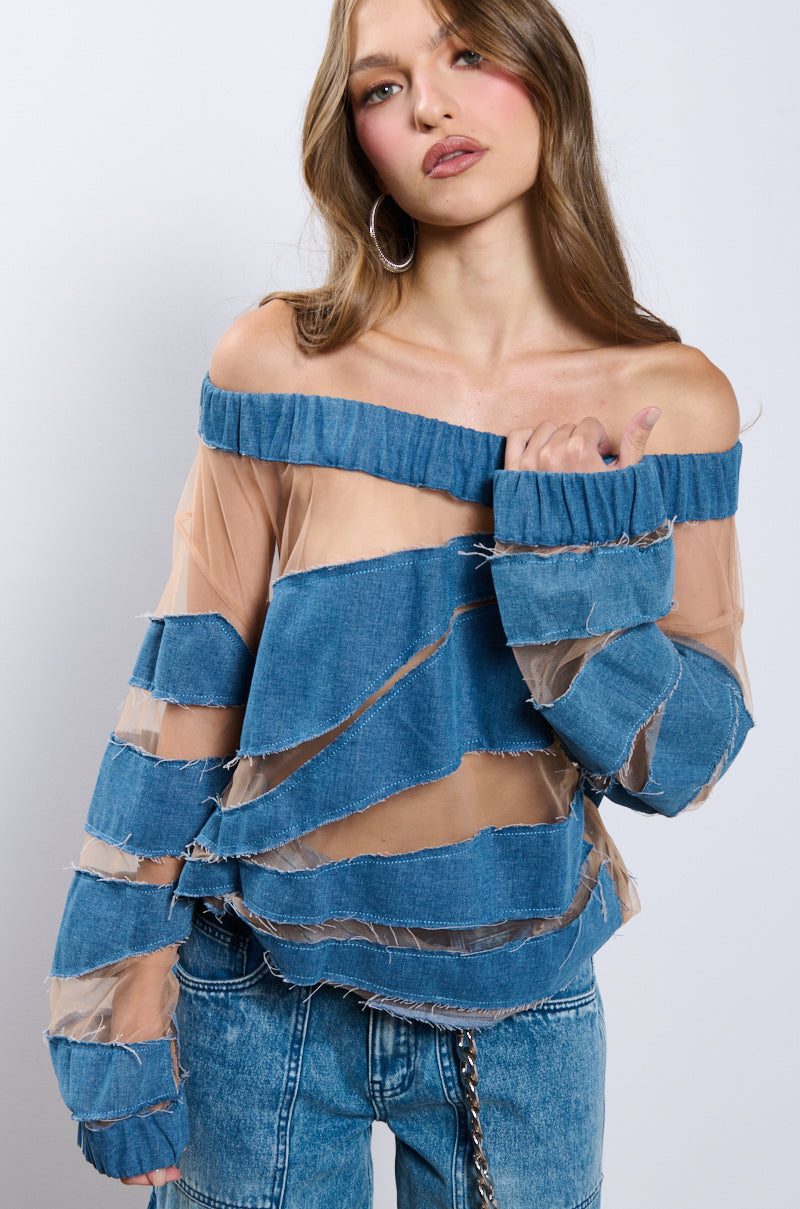 Front View I Spy Denim Patchwork Oversized Shirt