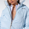 Front View Icy Blue Crop Puffer With Adjustable Hem