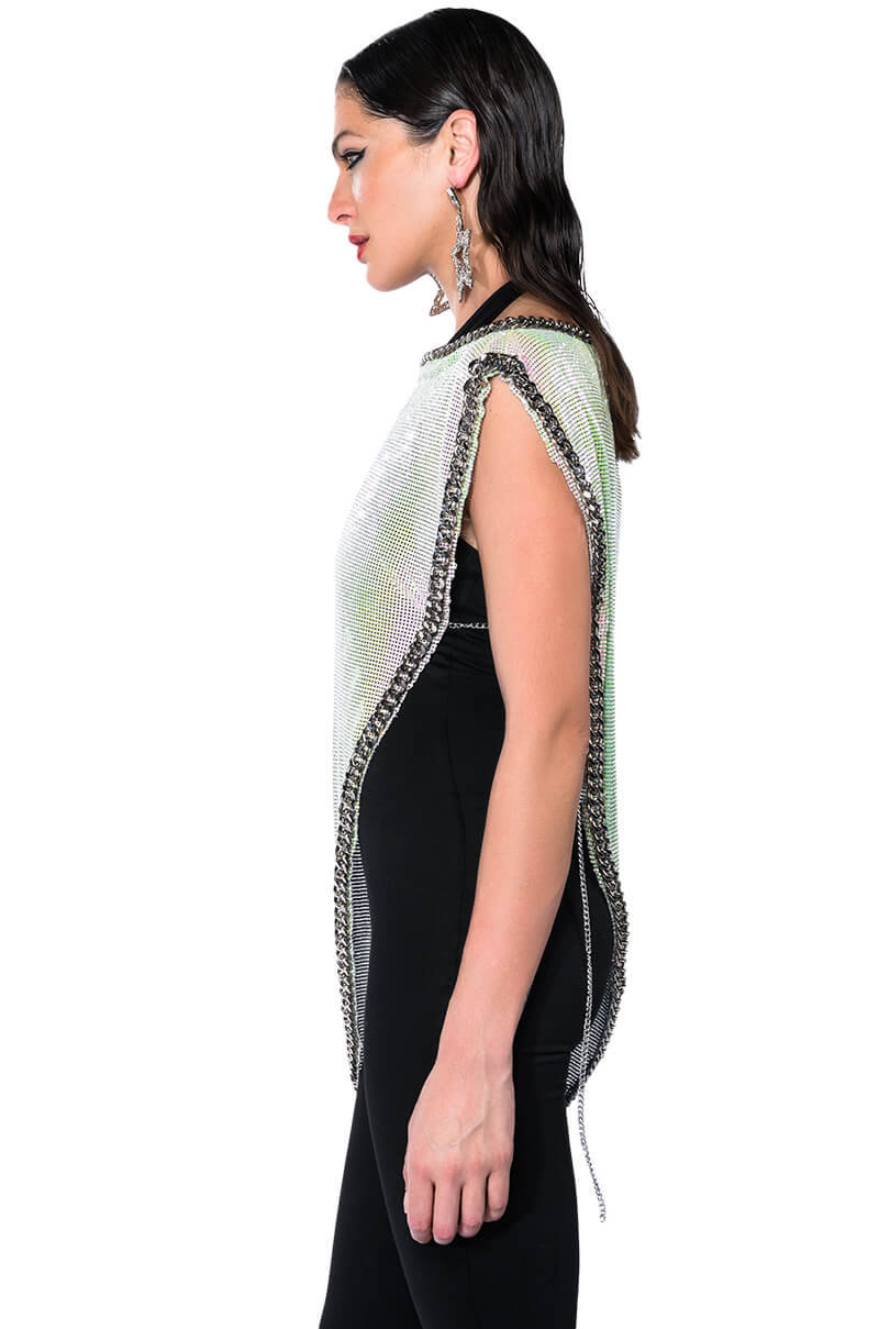 Extra View Icy Short Sleeve Asymmetrical Hi Shine Chainmail Blouse