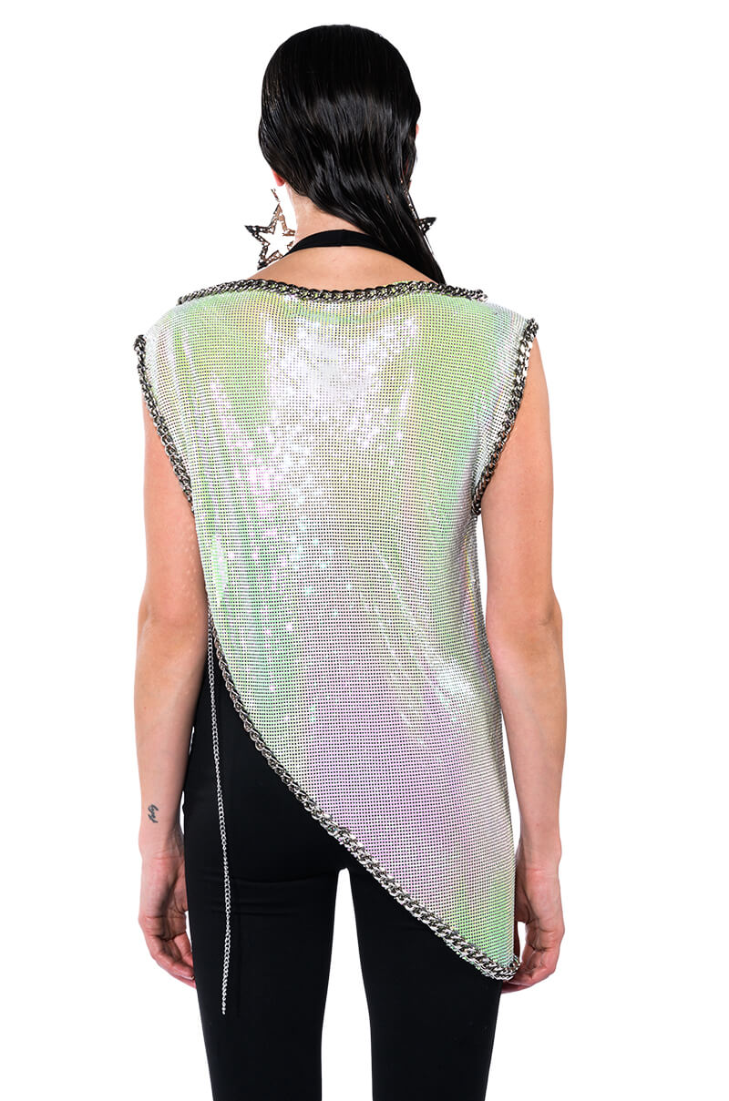 Extra View Icy Short Sleeve Asymmetrical Hi Shine Chainmail Blouse