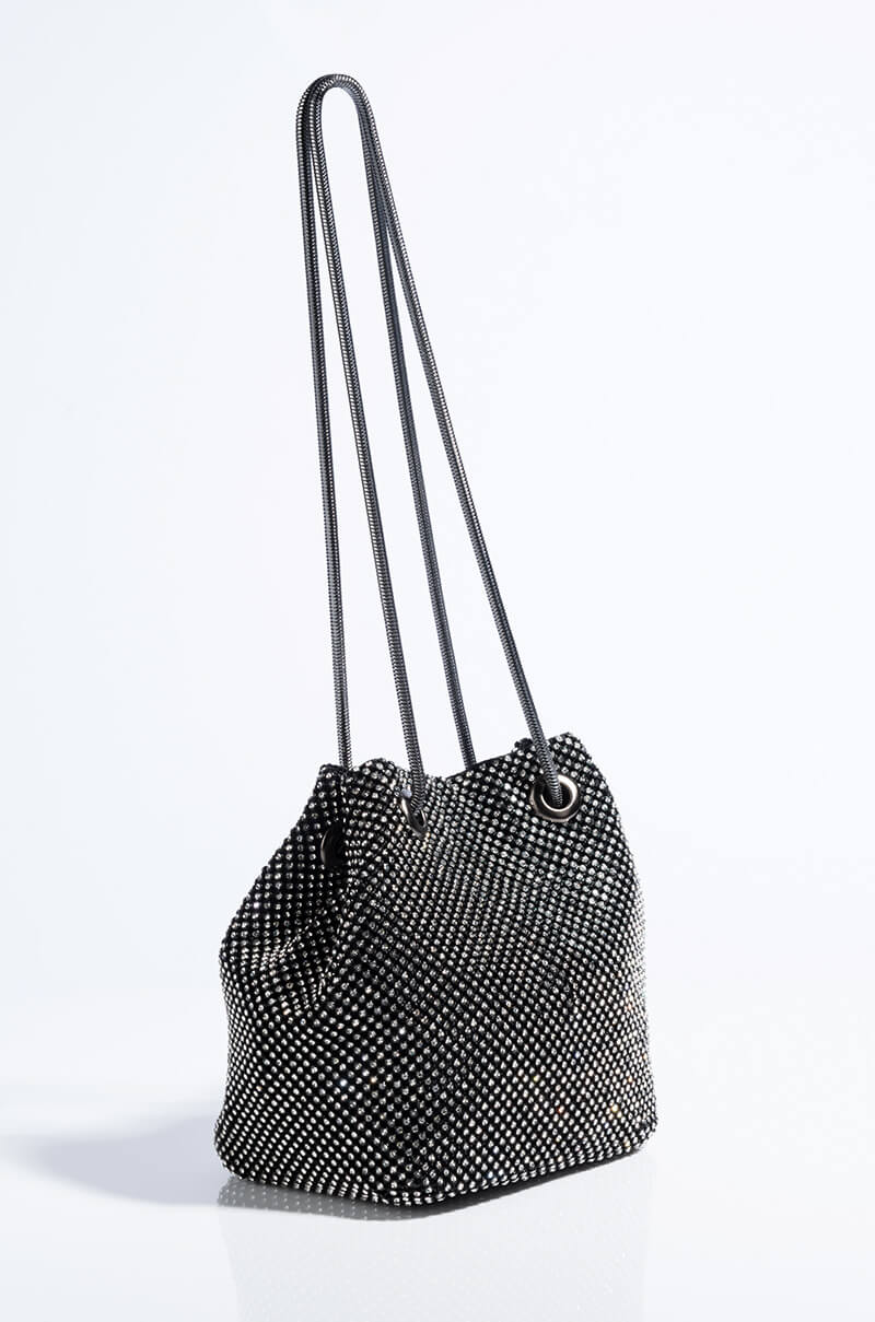Side View Icy Wifey Rhinestone Bucket Bag in Black Silver