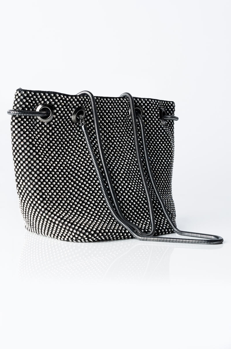 Side View Icy Wifey Rhinestone Bucket Bag in Black Silver