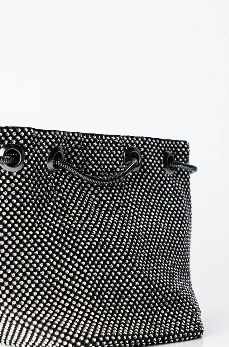 Back View Icy Wifey Rhinestone Bucket Bag in Black Silver