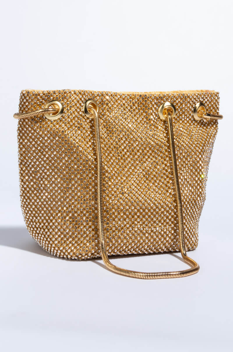 Side View Icy Wifey Rhinestone Bucket Bag in Gold