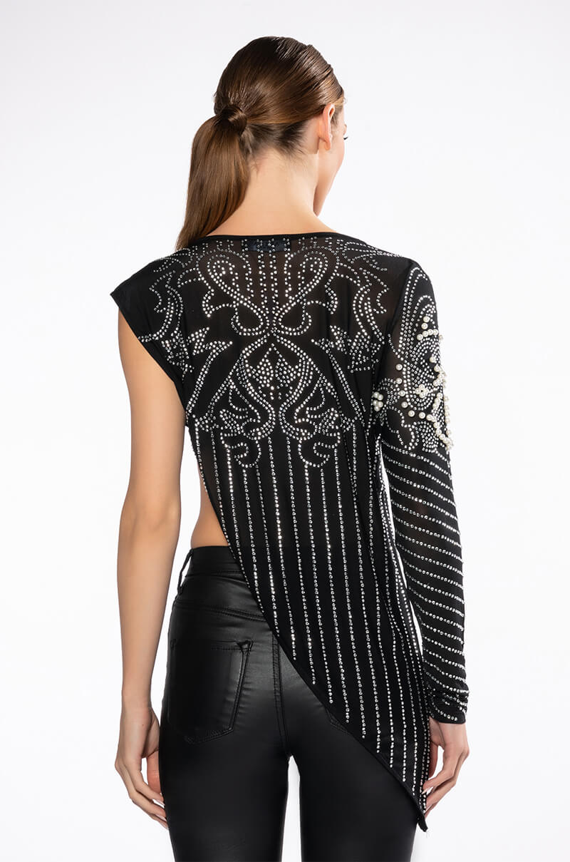 Extra View If I Was A Rich Girl Asymmetrical Rhinestone Embellished Blouse