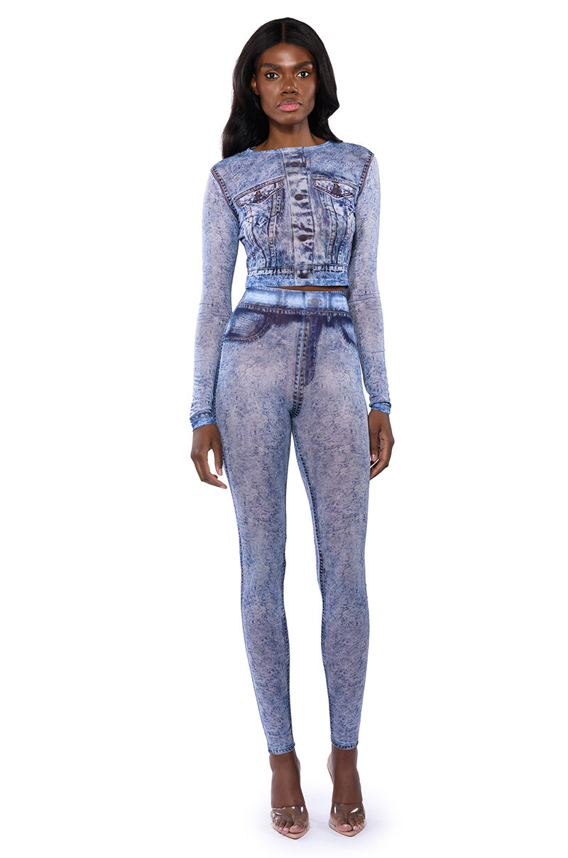 Extra View If You Only Knew Denim Print Mesh Crop Top