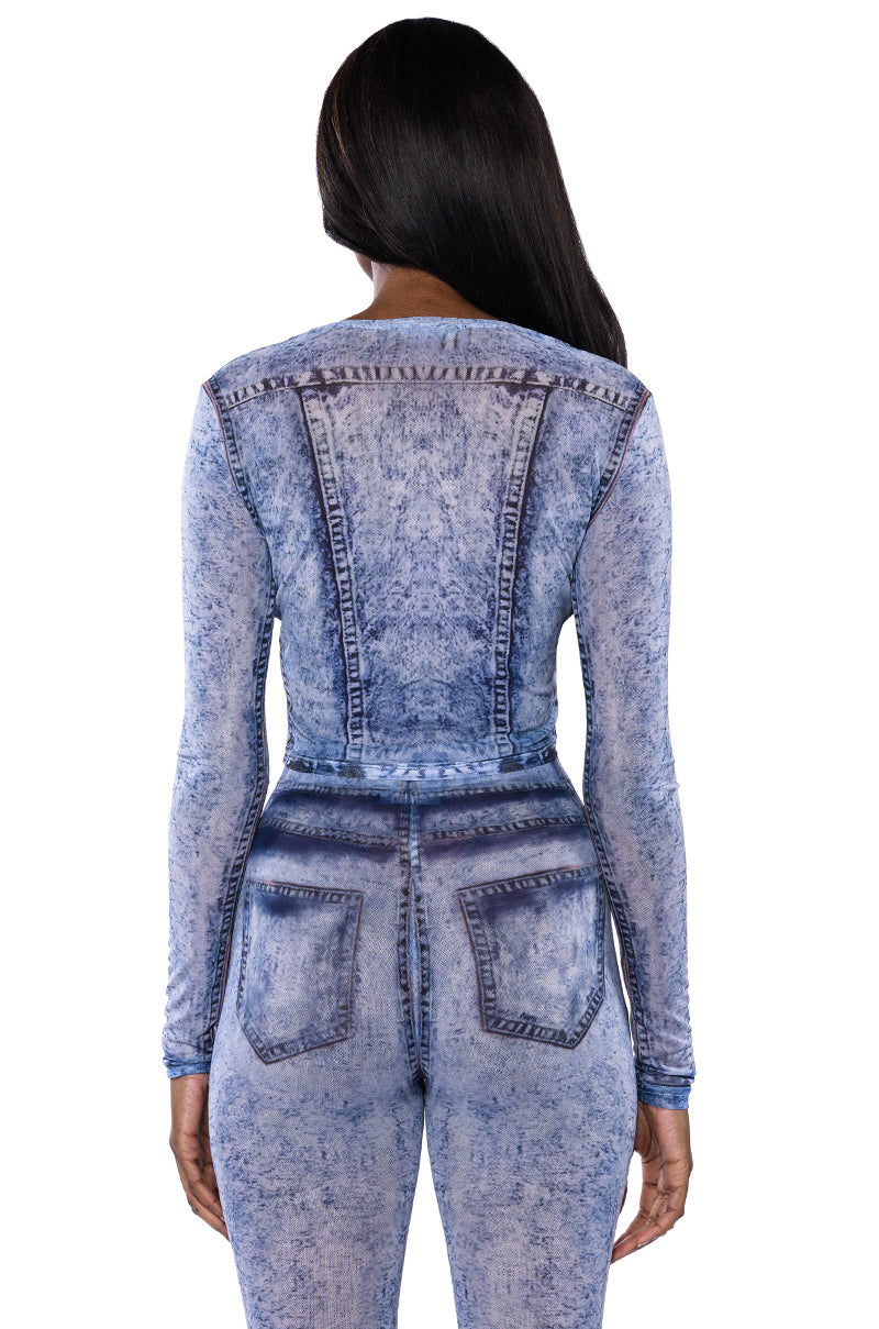 Extra View If You Only Knew Denim Print Mesh Crop Top