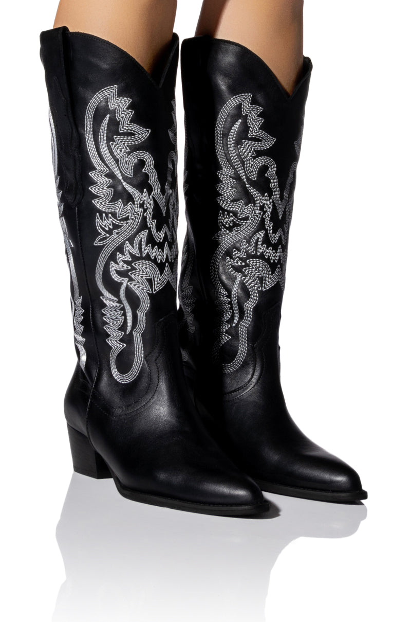 Front View Iggy Metallic Western Style Below The Knee Boot In Blackwhite
