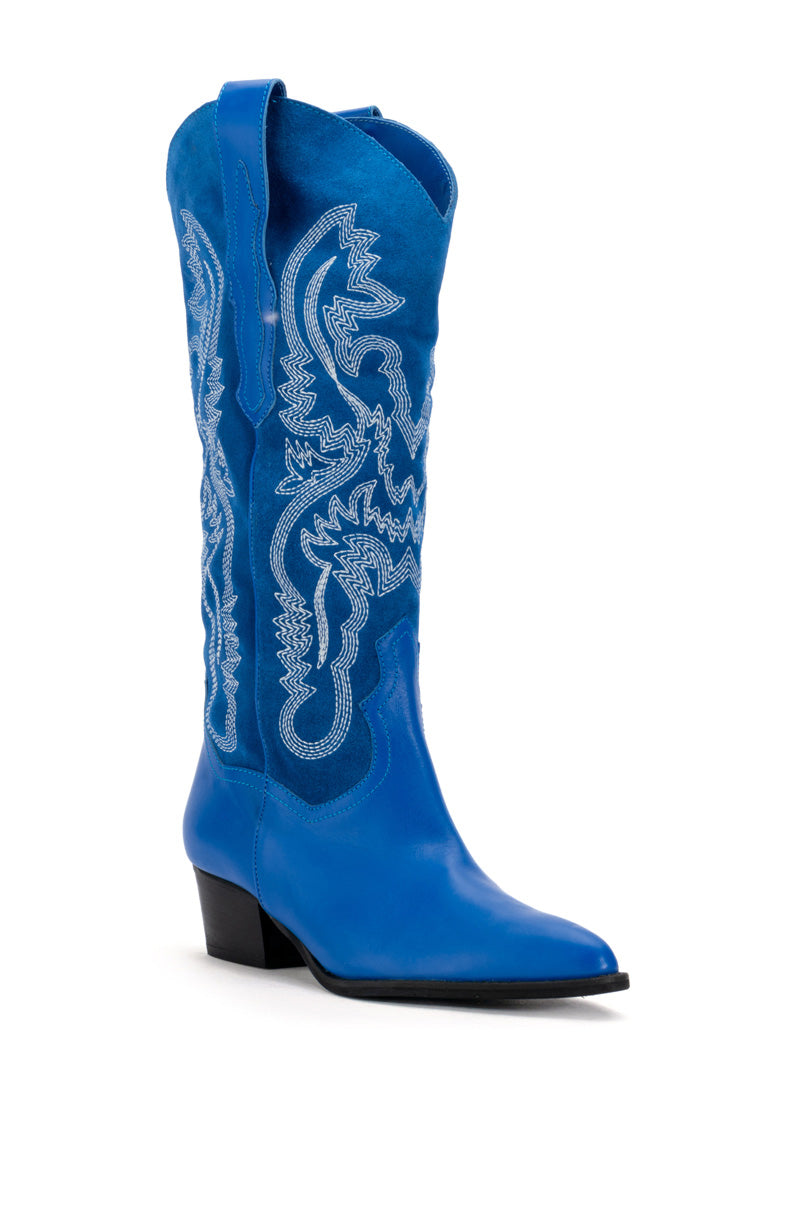 Back View Iggy Metallic Western Style Below The Knee Boot In Blue