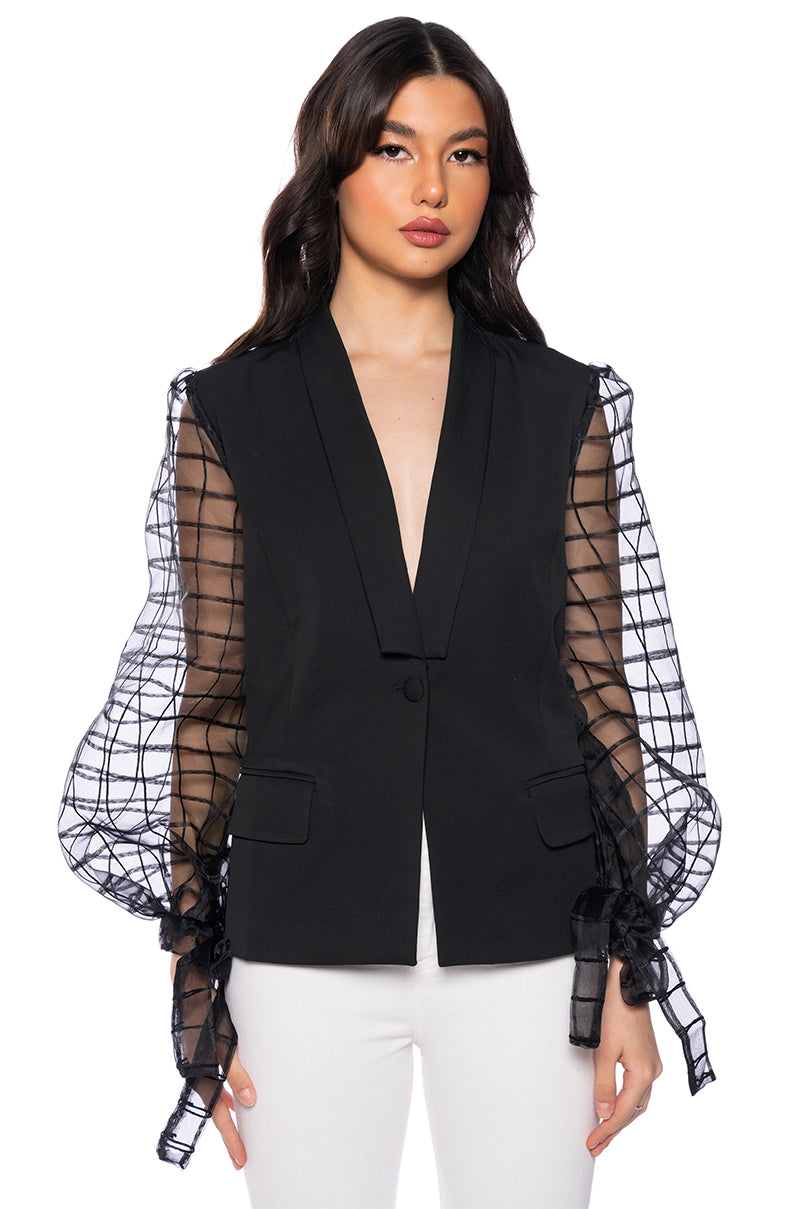 Side View Ill Be Here Sheer Puff Sleeve Blazer