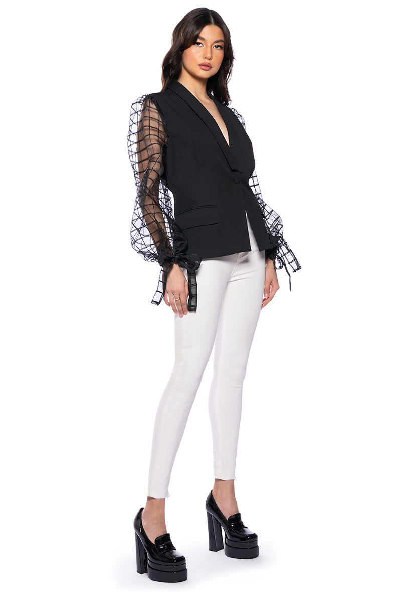 Back View Ill Be Here Sheer Puff Sleeve Blazer