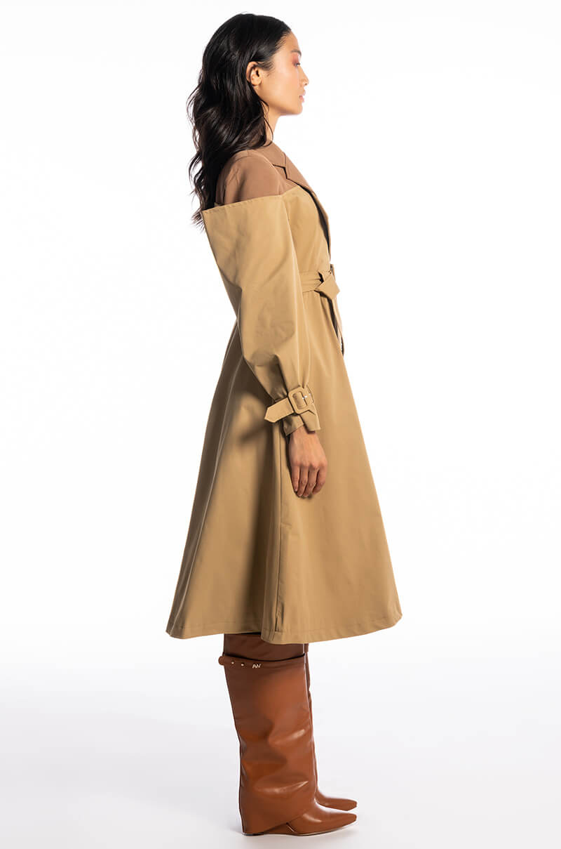 off shoulder trench dress ILLUME OFF SHOULDER CLASS TRENCH BODY
