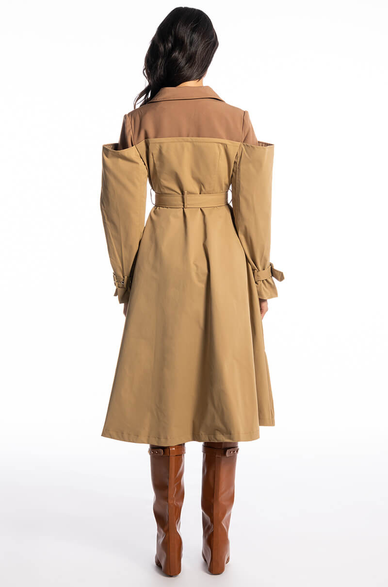 off the shoulder trench coat dress Downtown Diva Belted Trench Coat Midi Dress
