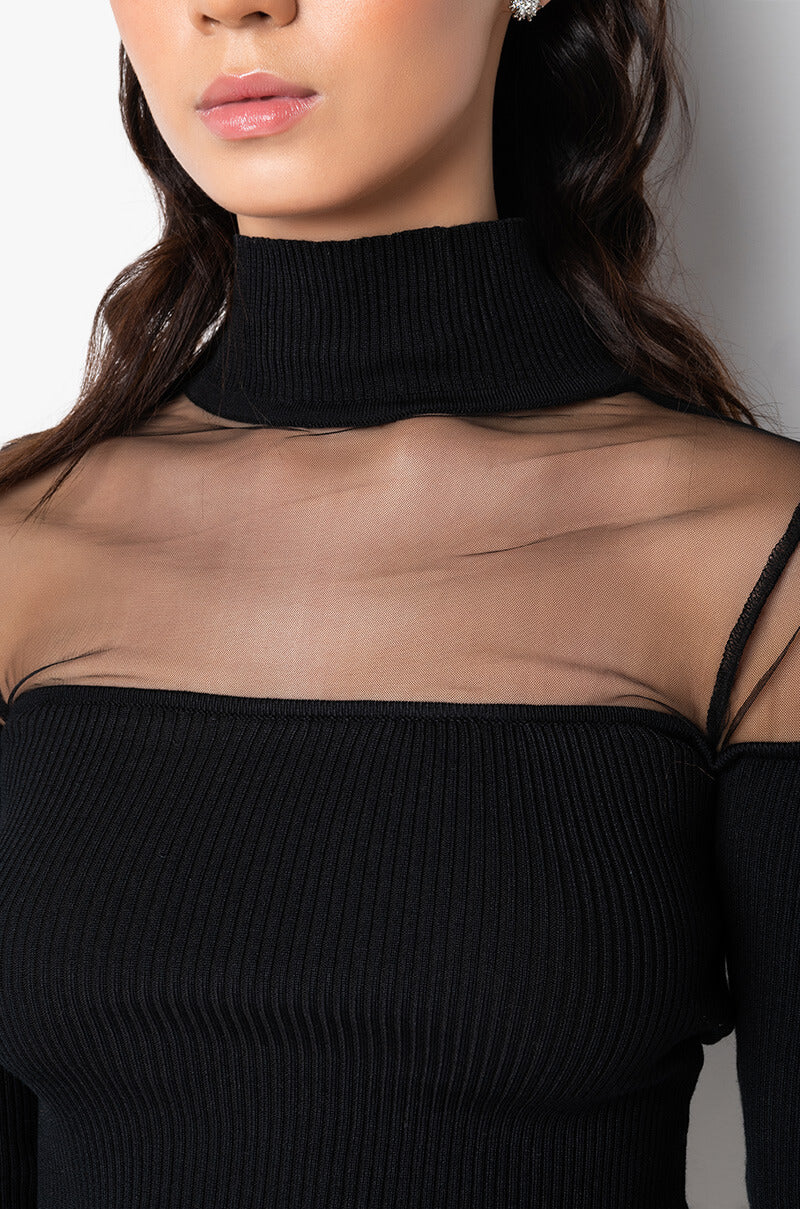Extra View Illusion Mesh Panel Turtleneck Sweater