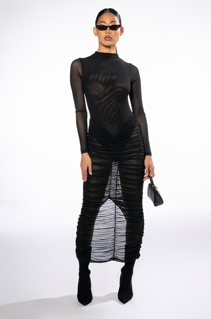 Detail View Illusions Long Sleeve Mesh Midi Dress