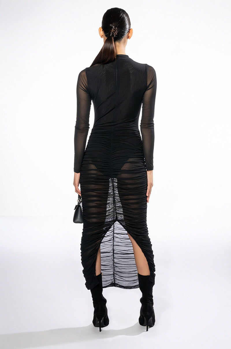 Extra View Illusions Long Sleeve Mesh Midi Dress