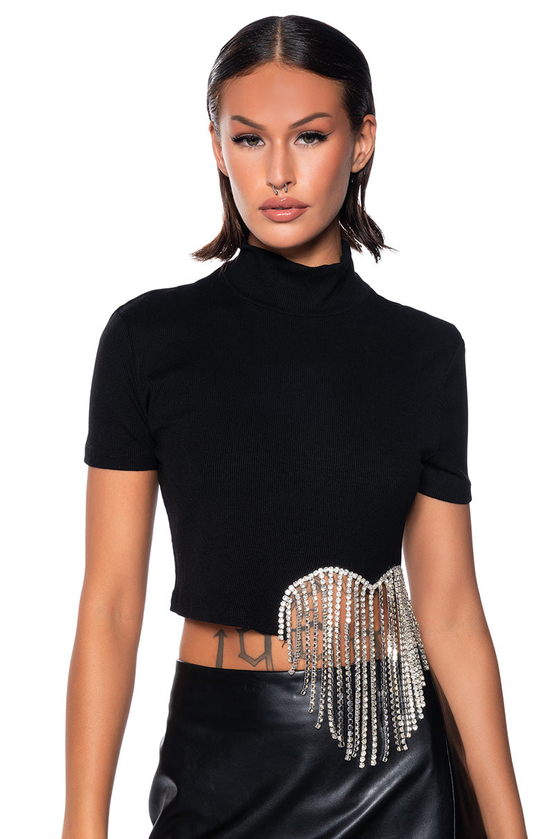 Front View Ilysm Rhinestone Mock Neck Short Sleeve Tee