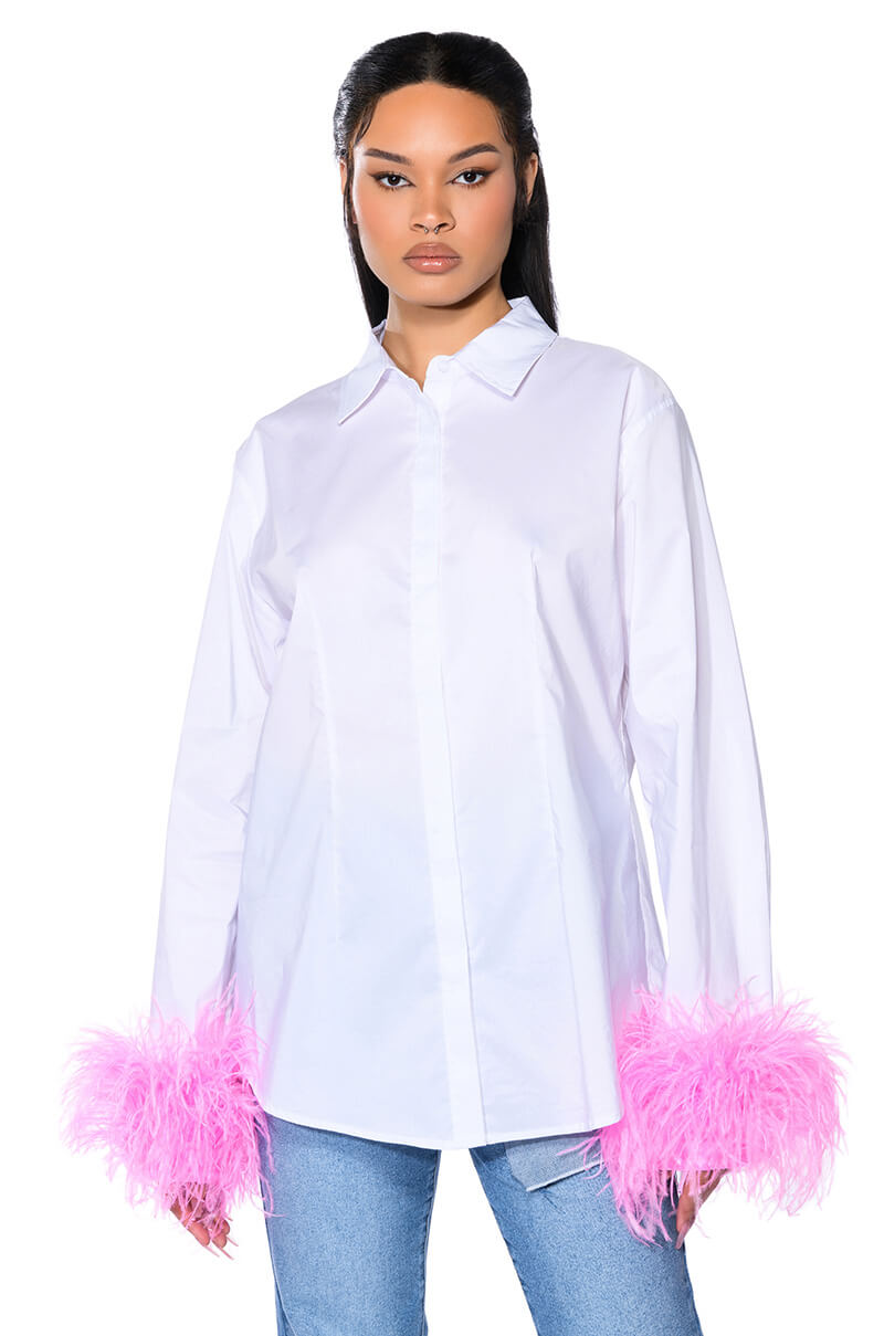 Front View Im A Flirt Ostrich Feather Button Down Blouse