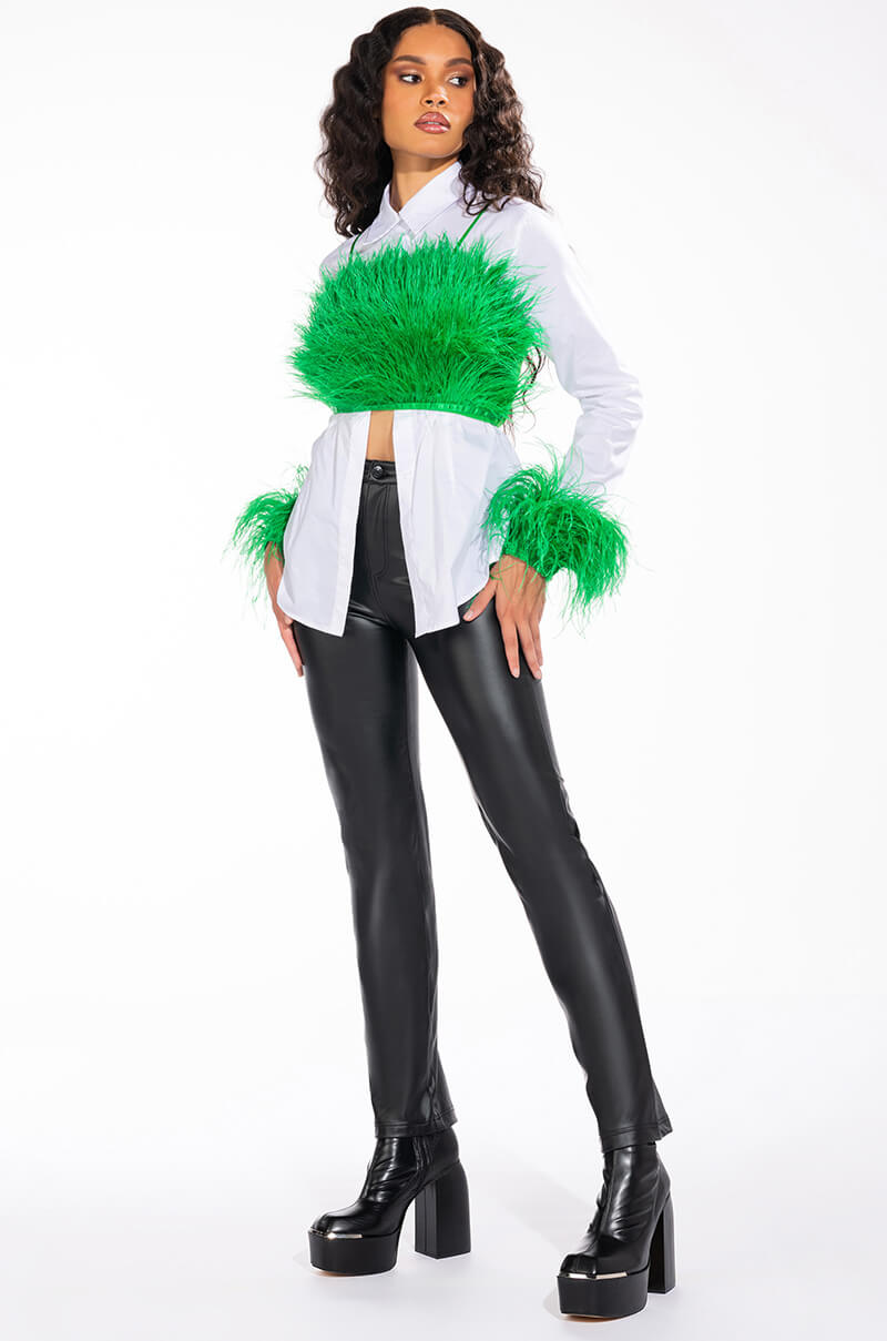 Back View Im A Flirt Ostrich Feather Button Down Blouse