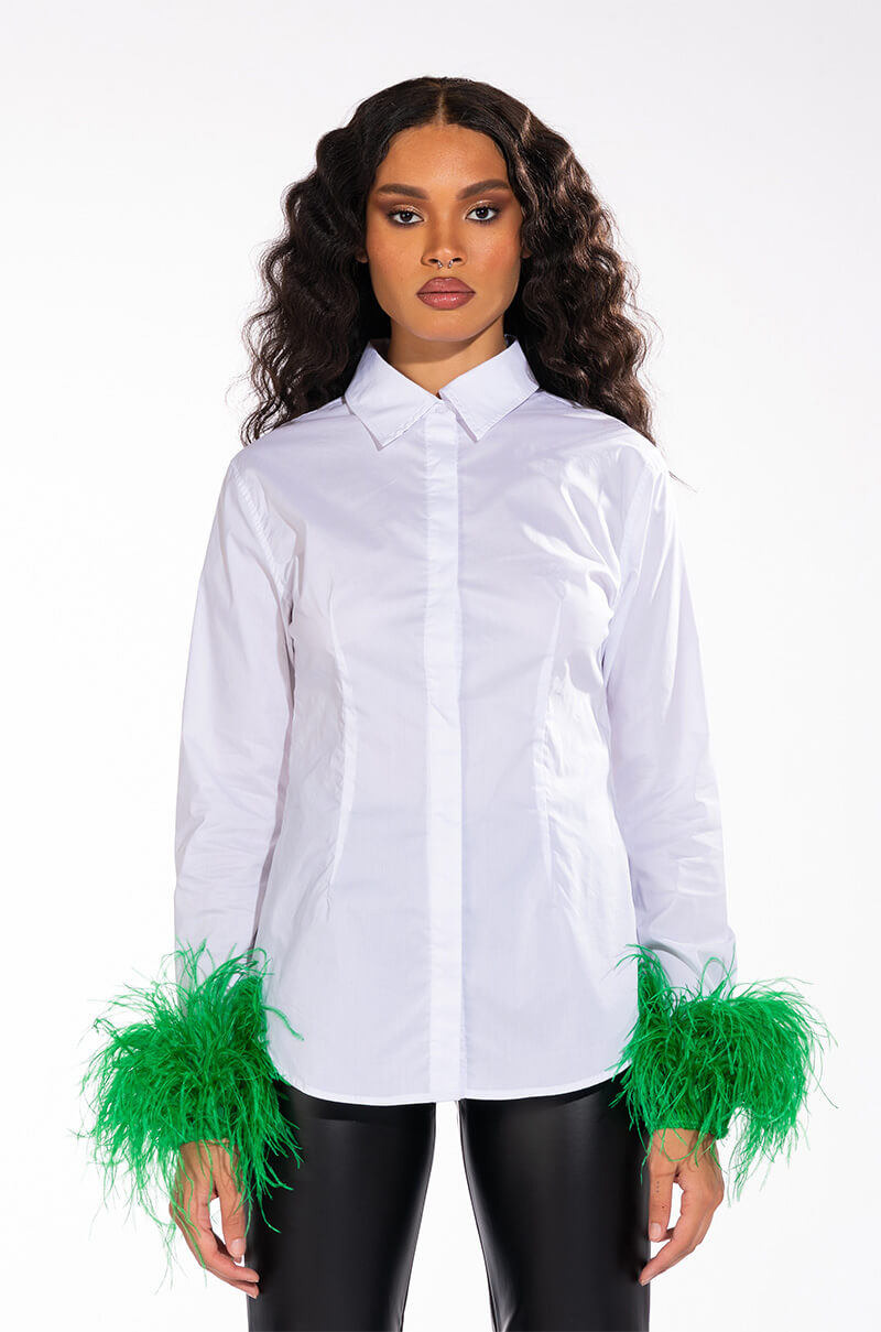 Full View Im A Flirt Ostrich Feather Button Down Blouse