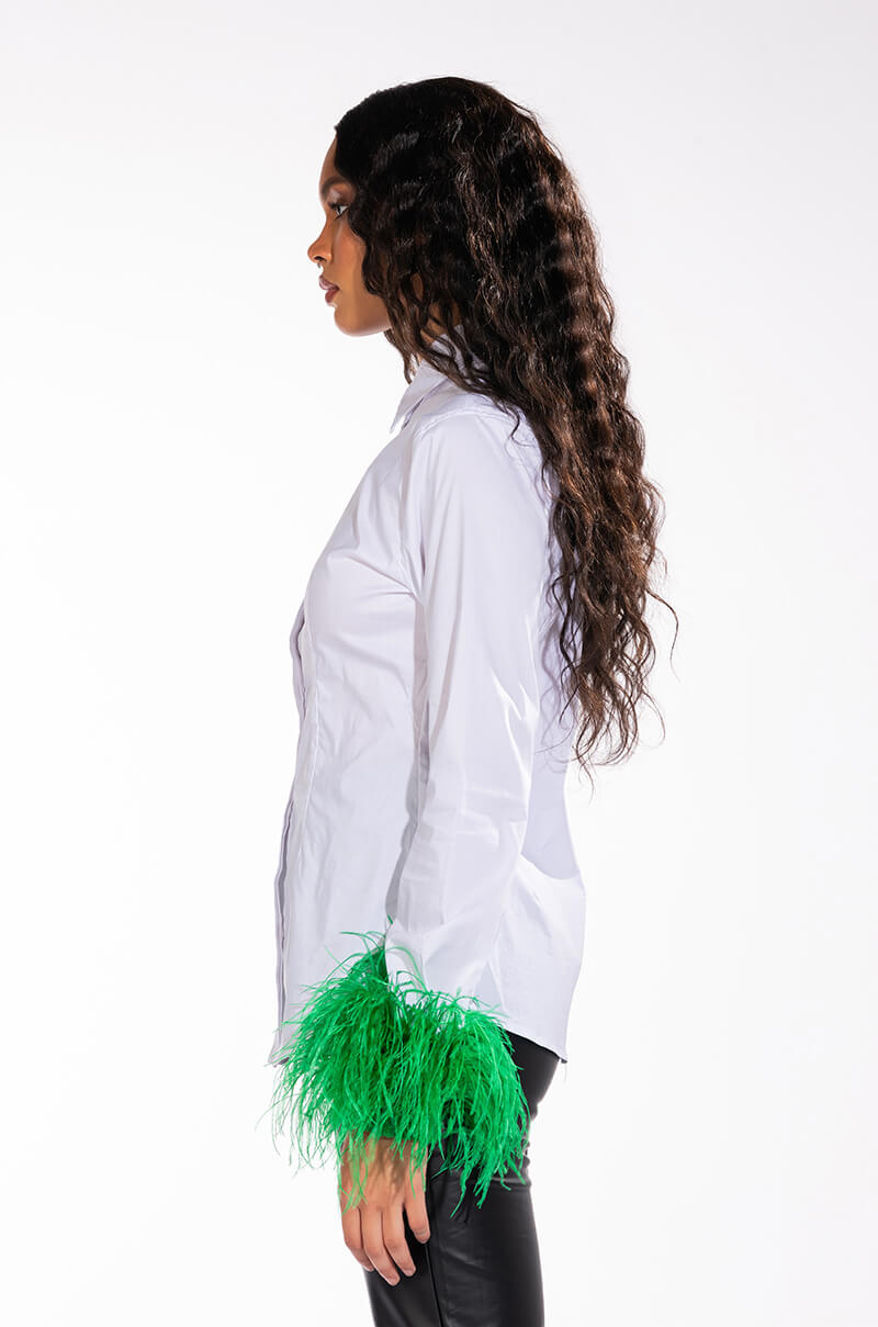Extra View Im A Flirt Ostrich Feather Button Down Blouse