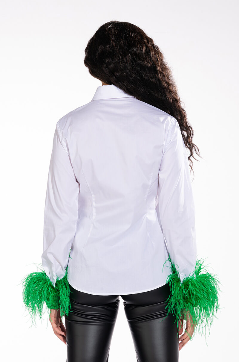 Extra View Im A Flirt Ostrich Feather Button Down Blouse