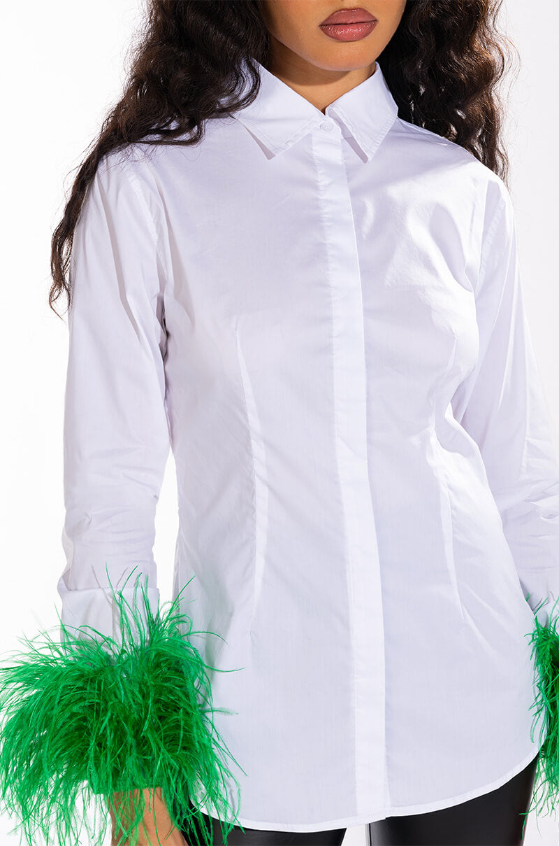 Extra View Im A Flirt Ostrich Feather Button Down Blouse