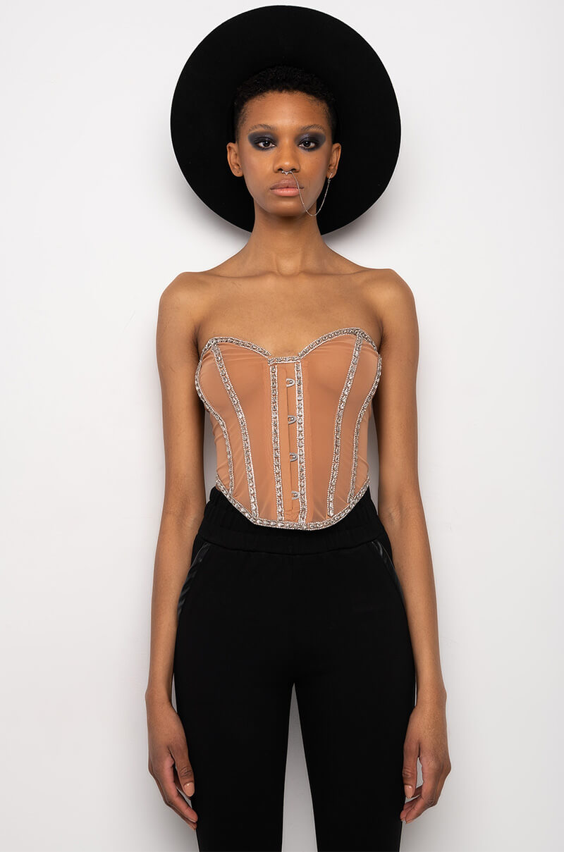 Back View Im Legit Rhinestone Trim Mesh Corset