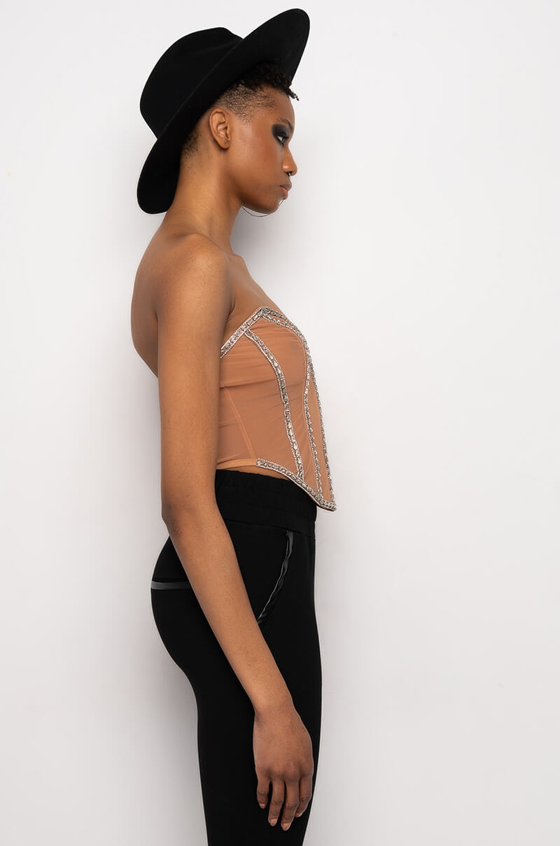 Detail View Im Legit Rhinestone Trim Mesh Corset