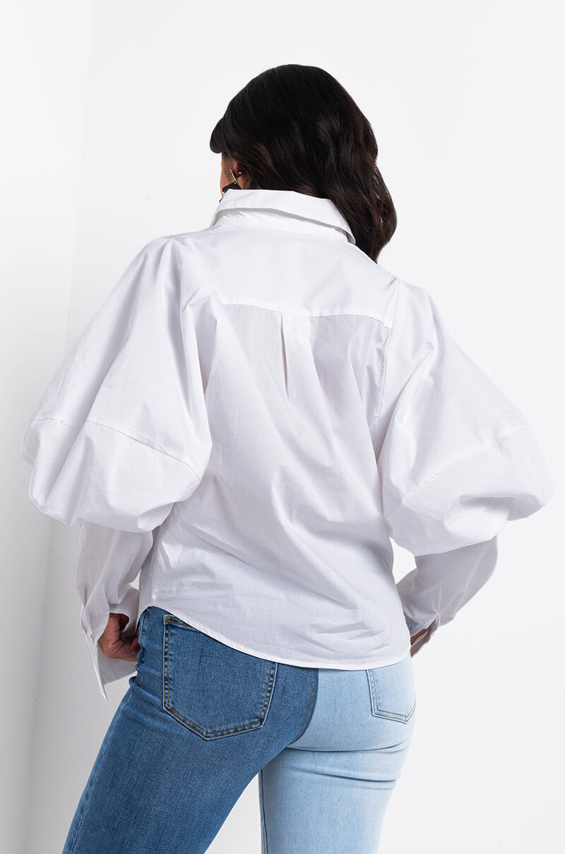 Detail View Im Not Bossy Im The Boss Button Up Puff Sleeve Blouse in White