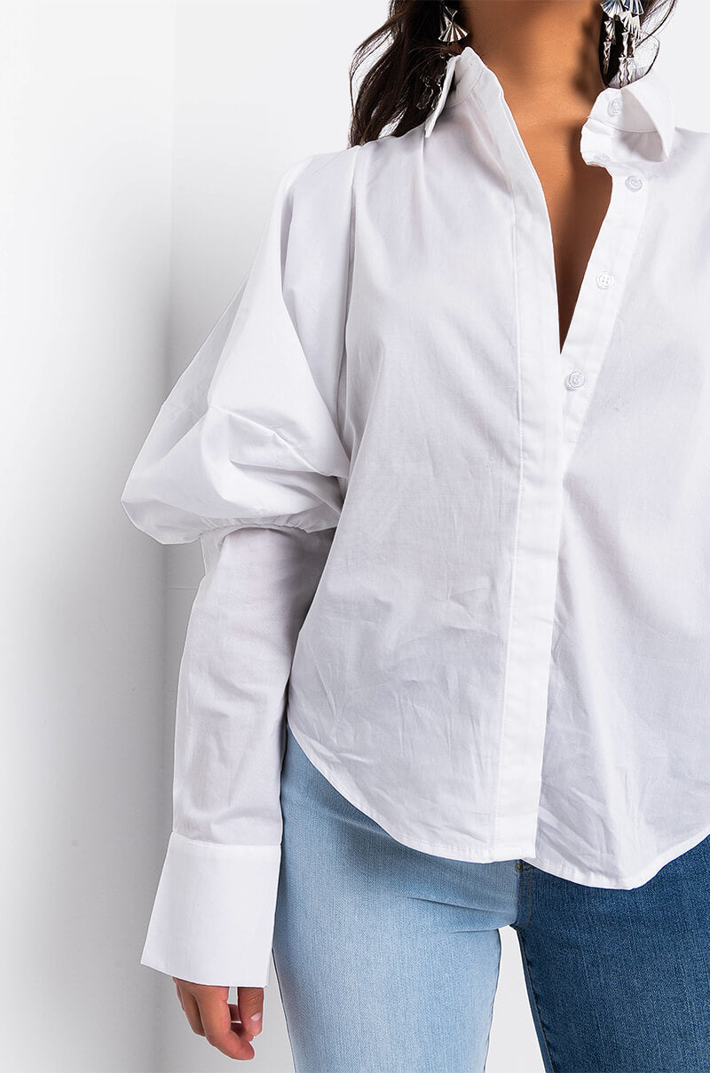 Full View Im Not Bossy Im The Boss Button Up Puff Sleeve Blouse in White