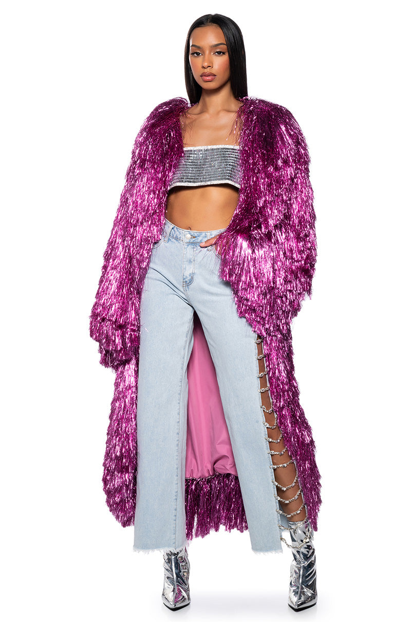 Side View Im So Fancy Tinsel Metallic Shaket Trench In Pink